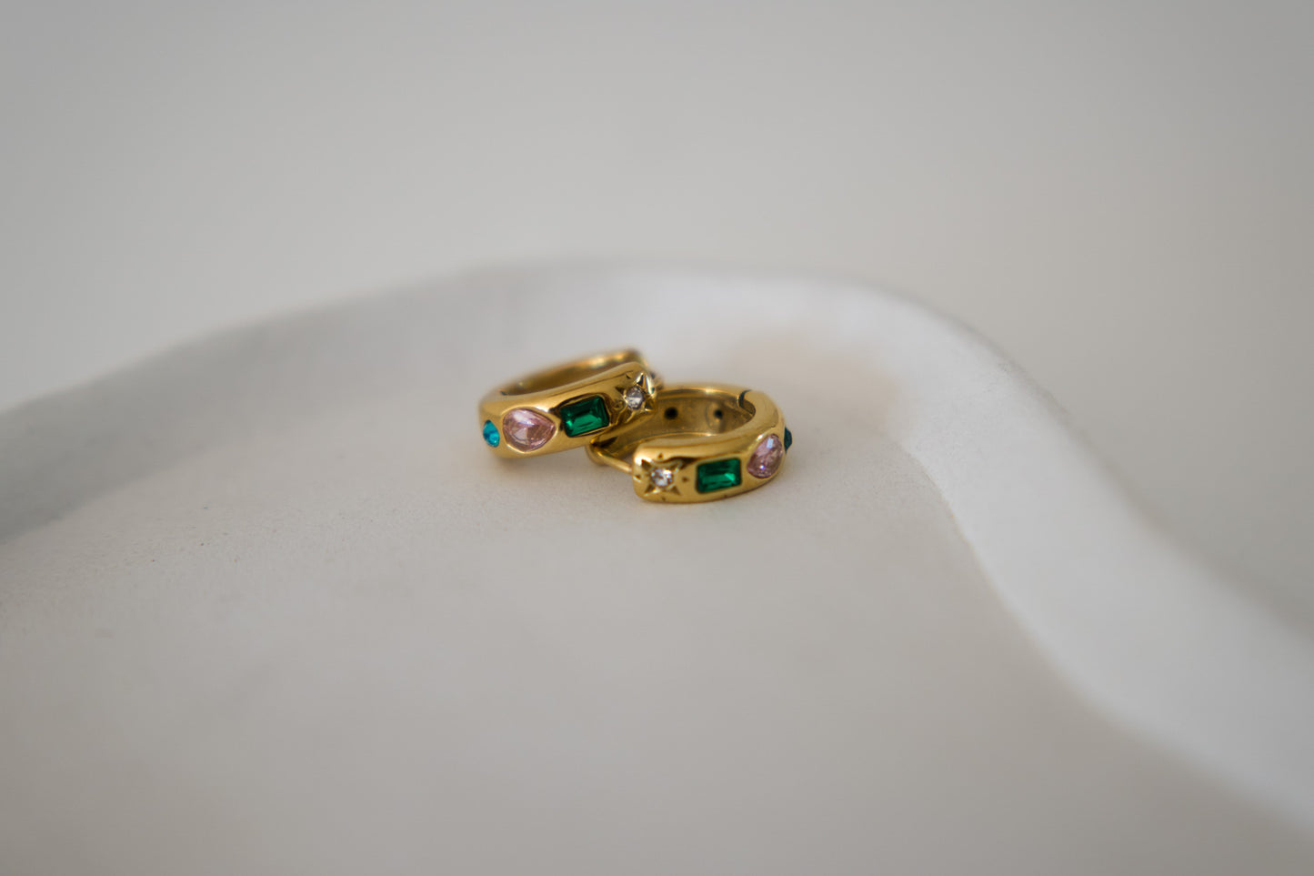 Gold and silver chunky huggie earrings with emerald, pink and teal crystal stones, 18k gold plated stainless steel, Mac&Coco South Africa