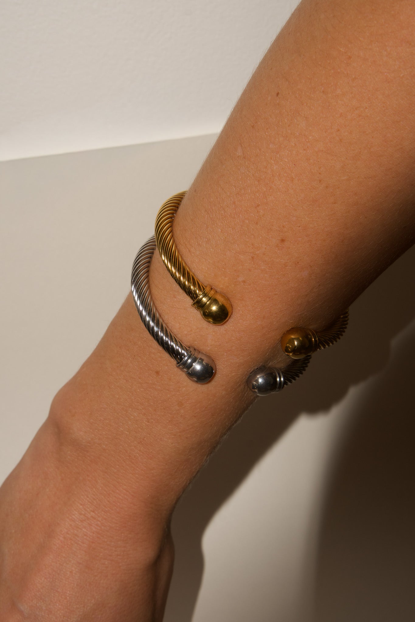 Gold and silver twisted cable cuff bracelet, 18k gold plated stainless steel, Mac&Coco South Africa