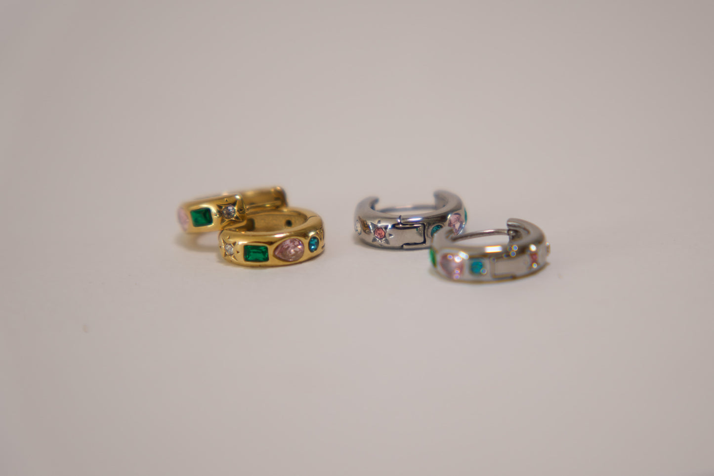 Gold and silver chunky huggie earrings with emerald, pink and teal crystal stones, 18k gold plated stainless steel, Mac&Coco South Africa