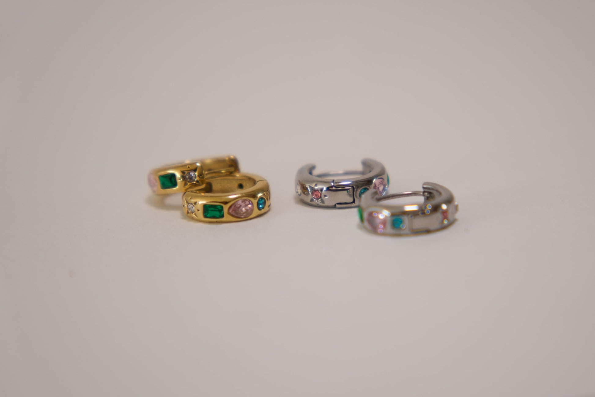 Gold and silver chunky huggie earrings with emerald, pink and teal crystal stones, 18k gold plated stainless steel, Mac&Coco South Africa