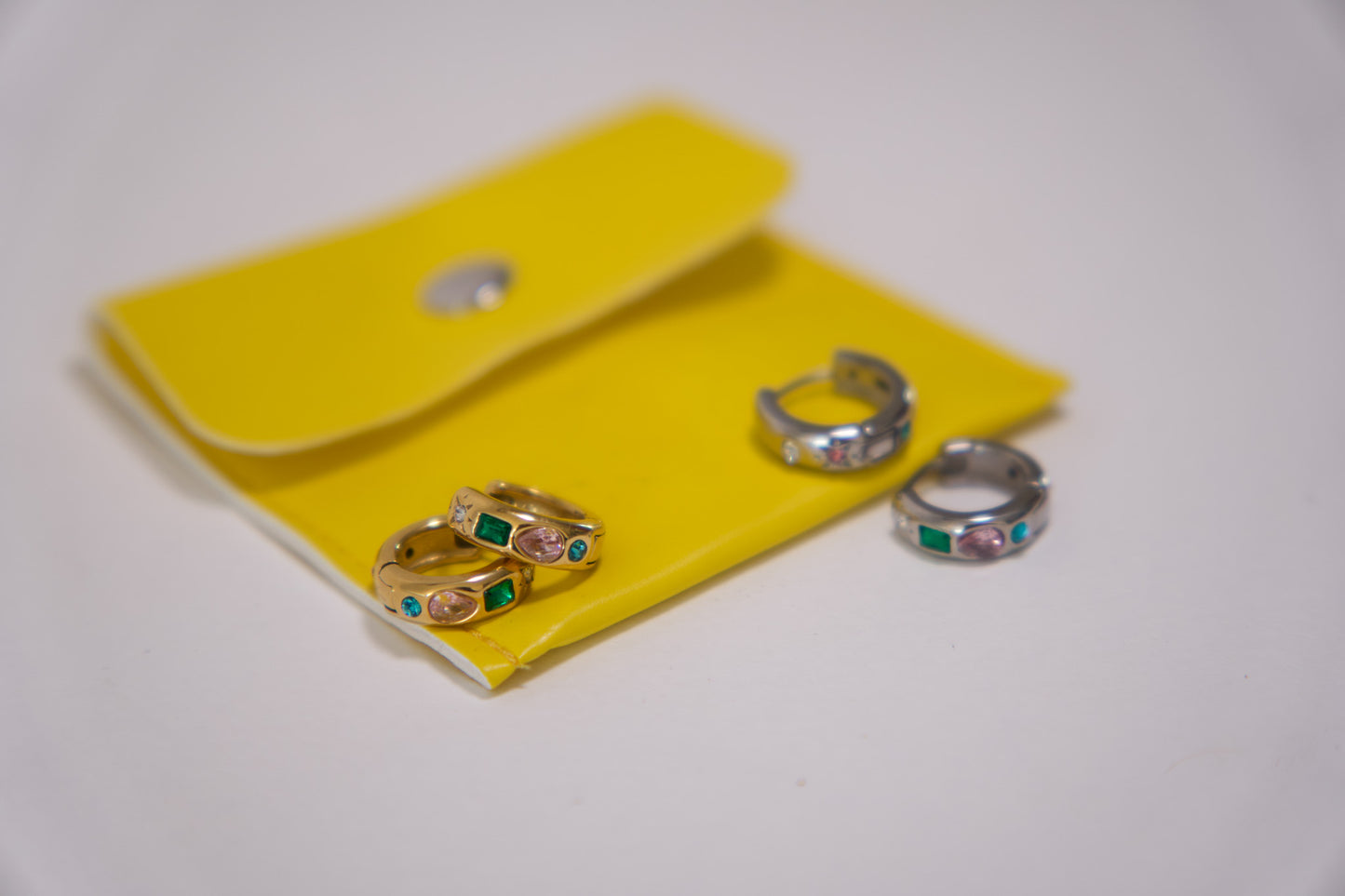 Gold and silver chunky huggie earrings with emerald, pink and teal crystal stones, 18k gold plated stainless steel, Mac&Coco South Africa