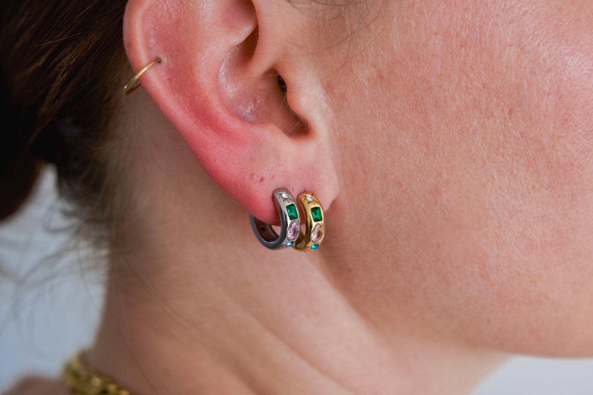 Gold and silver chunky huggie earrings with emerald, pink and teal crystal stones, 18k gold plated stainless steel, Mac&Coco South Africa