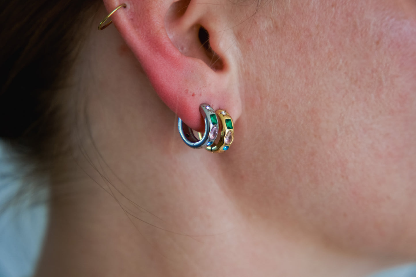 Gold and silver chunky huggie earrings with emerald, pink and teal crystal stones, 18k gold plated stainless steel, Mac&Coco South Africa