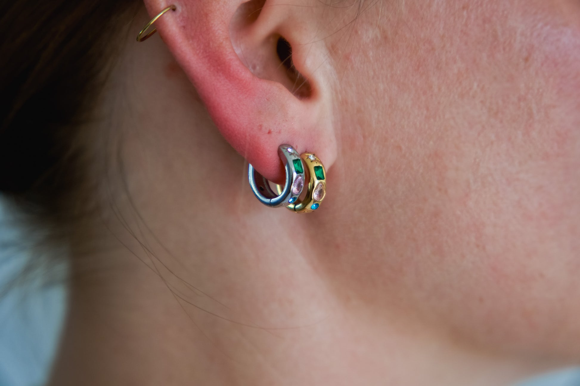 Gold and silver chunky huggie earrings with emerald, pink and teal crystal stones, 18k gold plated stainless steel, Mac&Coco South Africa