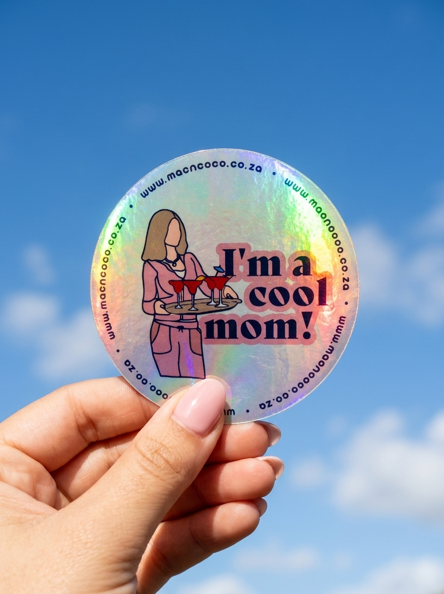 Holographic licence disc sticker held against blue sky