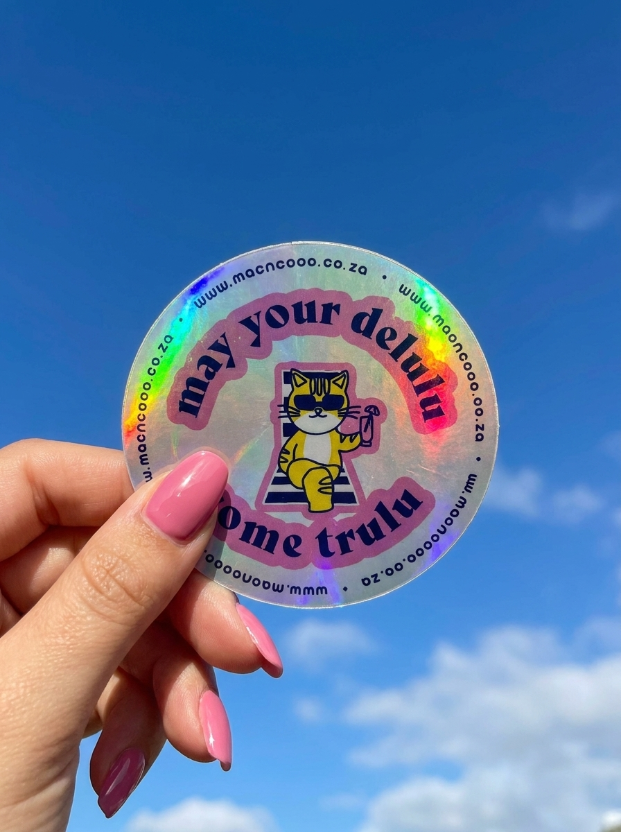 Holographic licence disc sticker held against blue sky