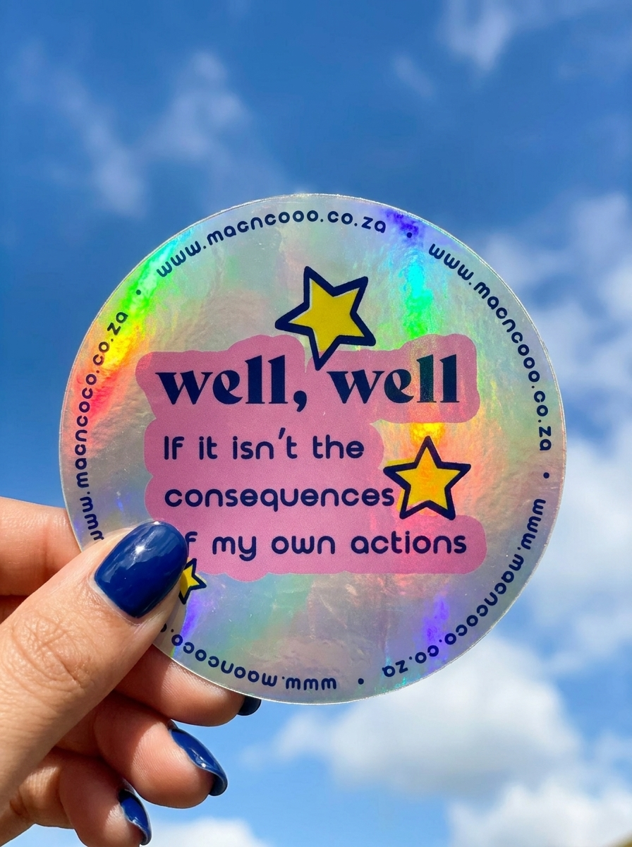 Holographic licence disc sticker held against blue sky